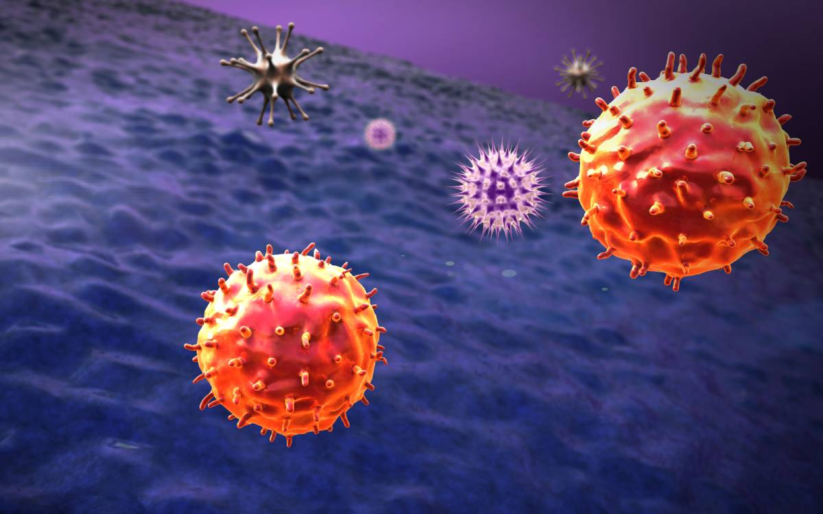 Illustration of virus particles. COVID-19 is caused by infection with a type of virus, and vaccine development is currently ongoing.